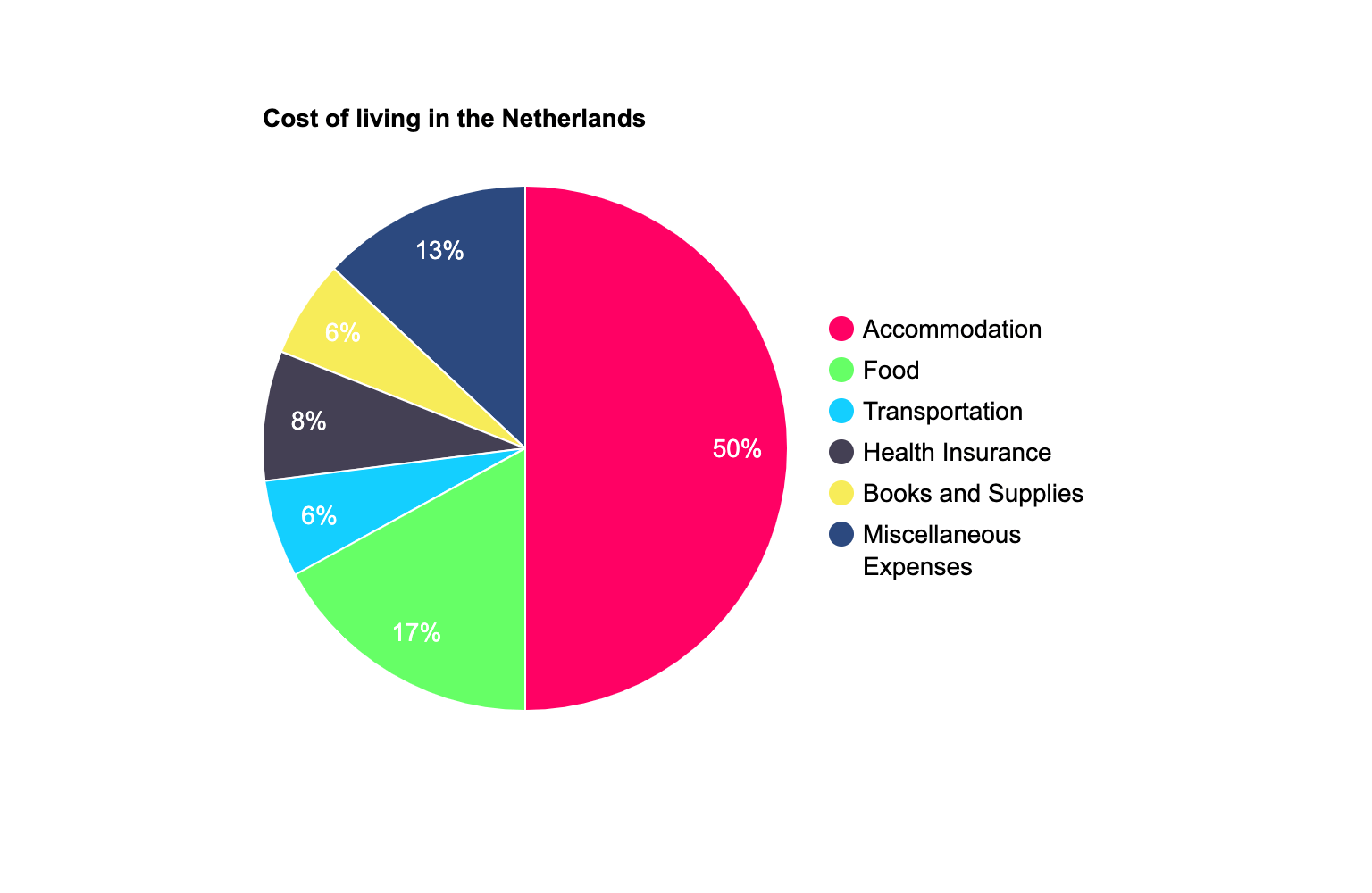 Cost of living in the Netherlands for international students, pie chart