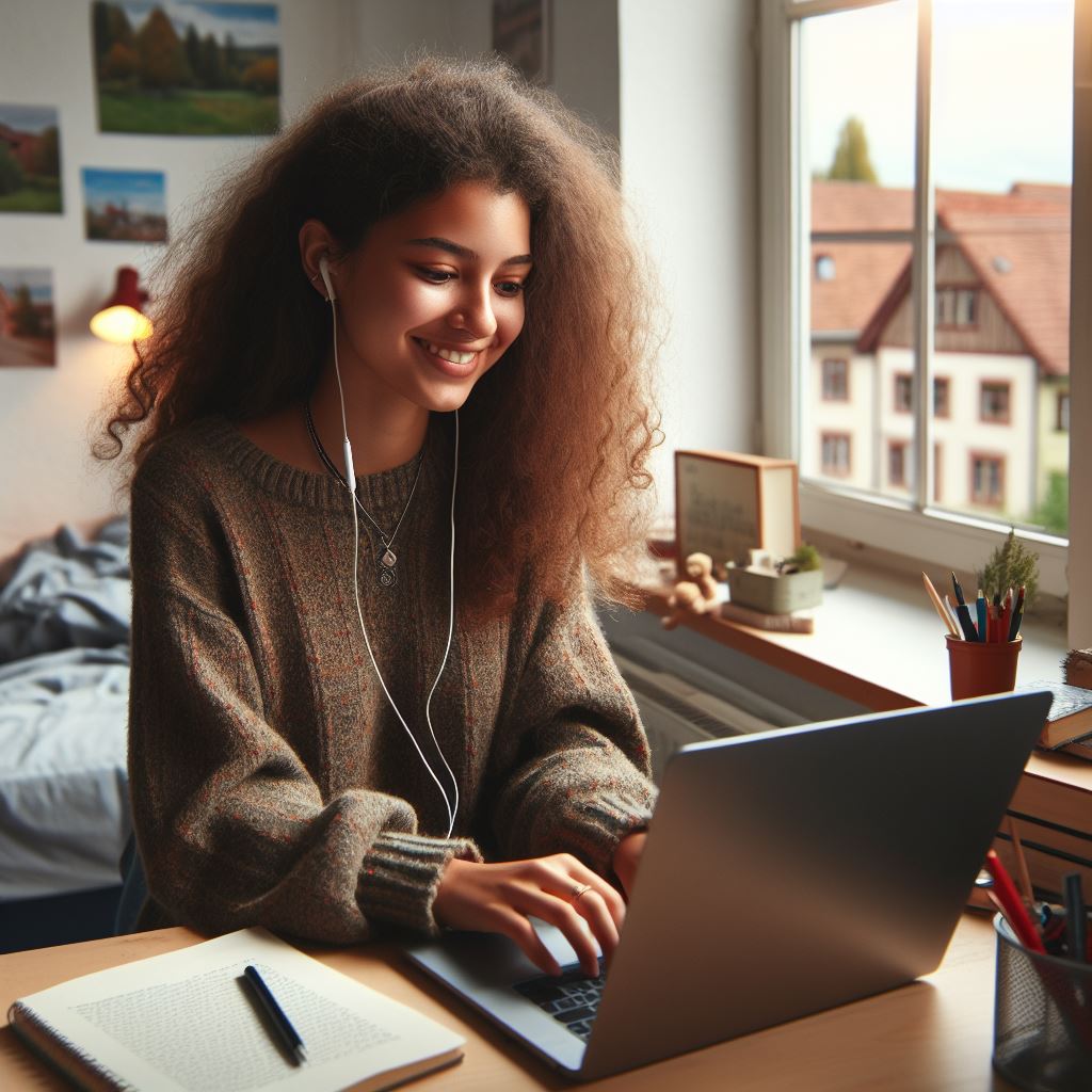 Student using laptop to study at home