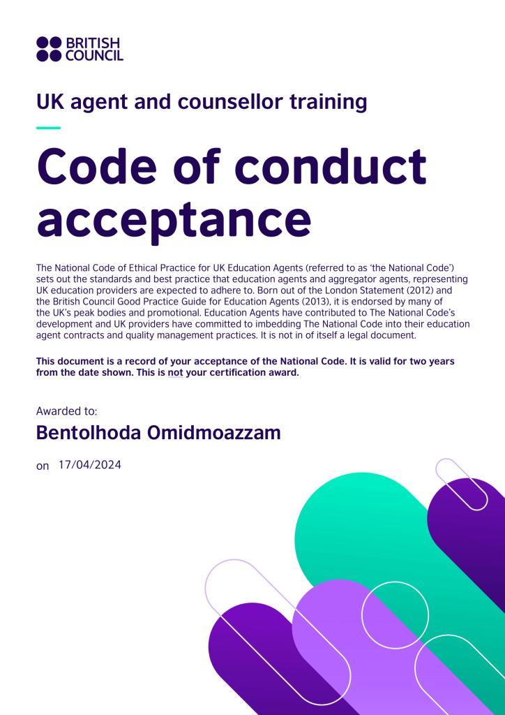 British Council Certificate - Code of conduct acceptance